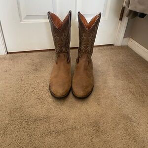 Laredo Two-Tone Brown Leather Cowboy Boots with Embroidered Shaft